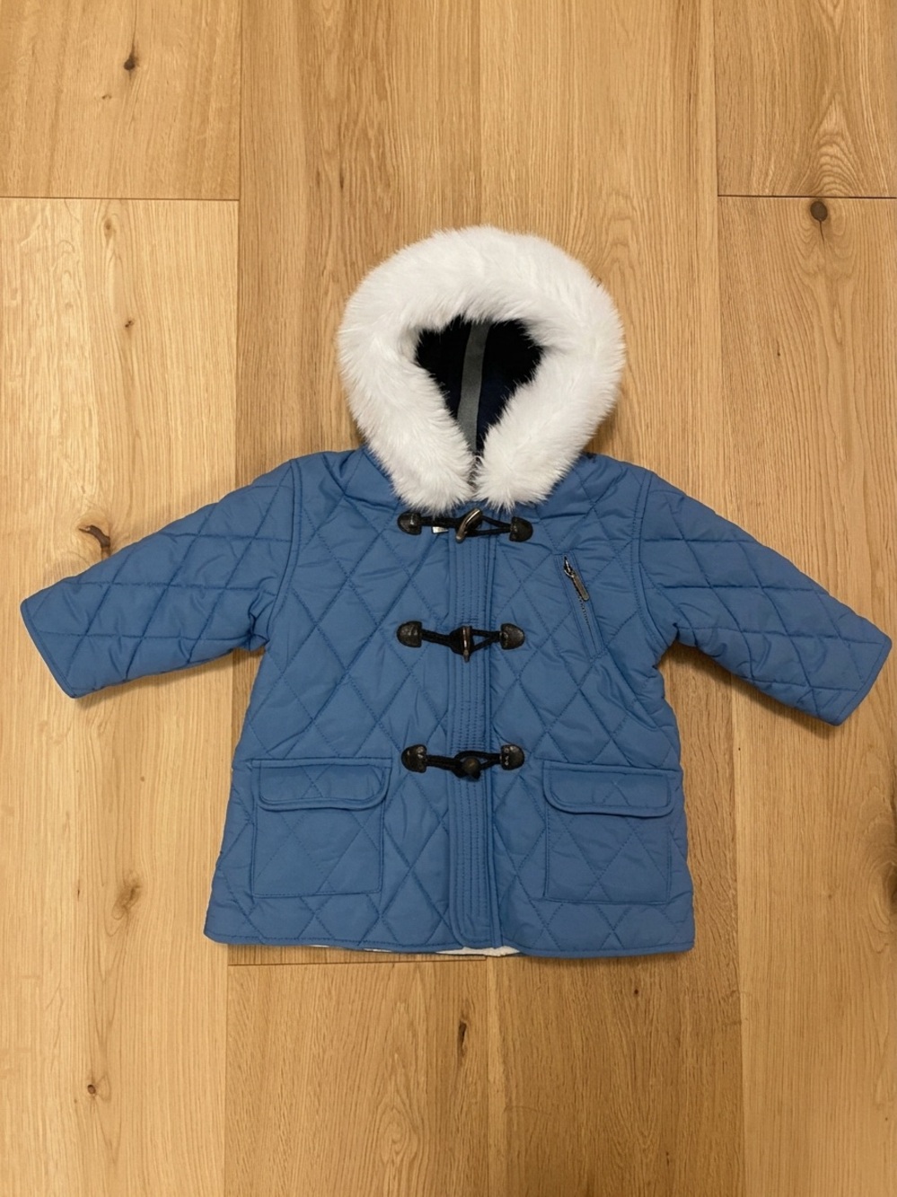 Burberry Baby Quilted Hooded Coat with Faux Fur Trim - Blue